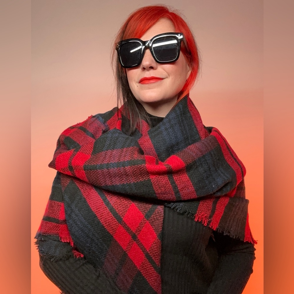 QUAGGA / Red Black Blue Plaid Shawl Scarf Wrap / Fringe / Goth Emo Punk Grunge